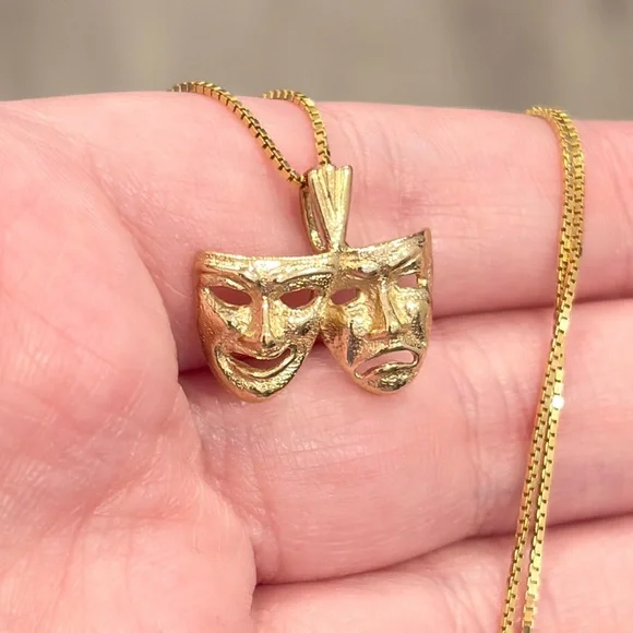14K Drama Comedy Mask Pendant Yellow Gold Michael Anthony Actor Theater Thespian - Picture 5 of 14